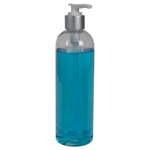 12 oz. Clear PET High Clarity Cosmo Round Bottle with 24/410 Smooth Brushed Aluminum/White Lock-Down Lotion Pump & 2mL Output