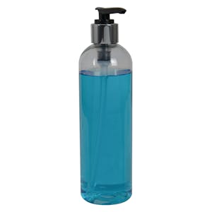 12 oz. Clear PET High Clarity Cosmo Round Bottle with 24/410 Smooth Silver/Black Lock-Down Lotion Pump & 2mL Output