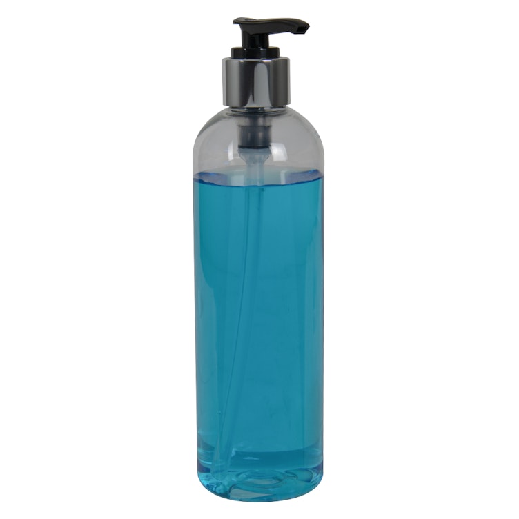 12 oz. Clear PET High Clarity Cosmo Round Bottle with 24/410 Smooth Silver/Black Lock-Down Lotion Pump & 2mL Output