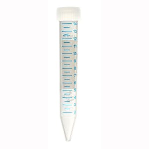 15mL Sterile Clear Polypropylene MaxiRCF™ Metal-Free Centrifuge Tube with Attached White Screw Cap - 25 per Bag; 20 Bags per Case