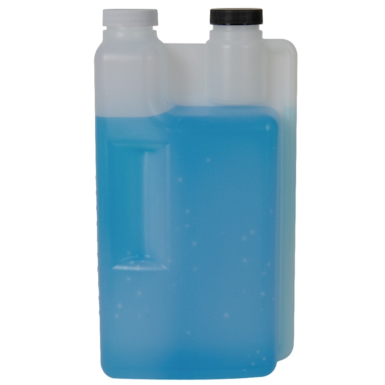 64 oz. Natural HDPE Twin Neck Dosing Bottle with 1 & 2 oz. Dispensing Chambers & (1 each) 38/400 Black & White Ribbed Caps with F217 Liner