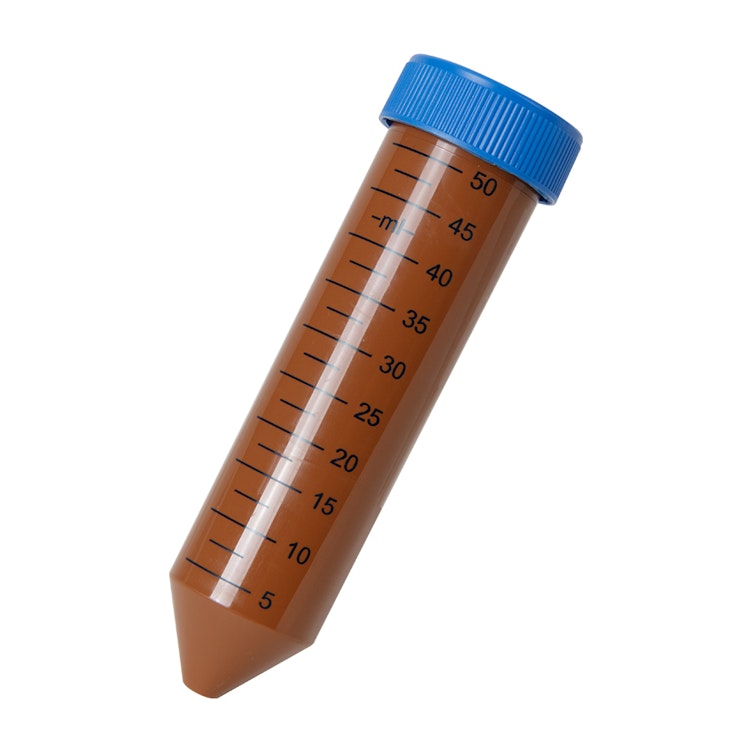 50mL Sterile Amber Polypropylene Centrifuge Tube with Attached Blue Screw Cap & Printed Graduations - 25 per Bag; 20 Bags per Case