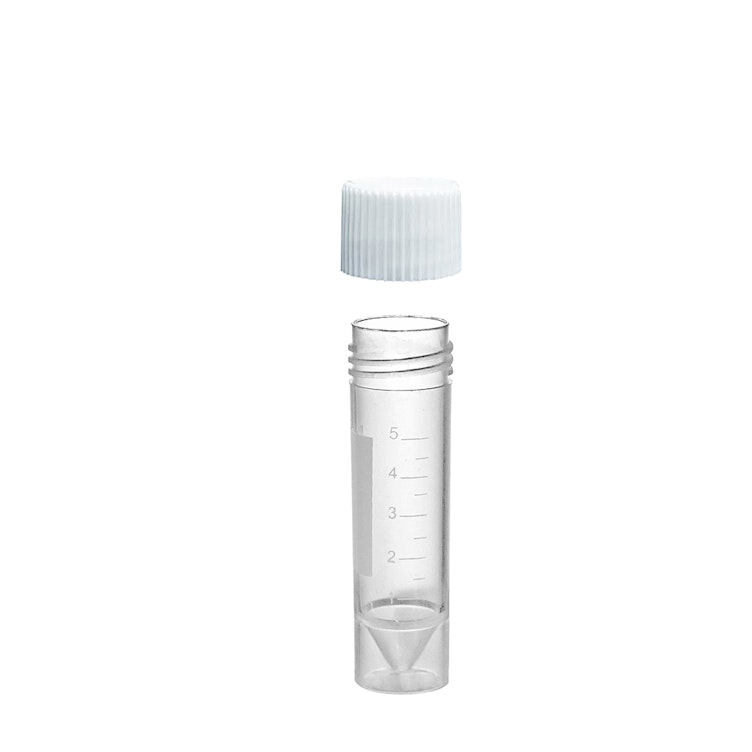5mL Sterile Clear Polypropylene Transport Tube with Loose White Screw Cap - 100 per Bag; 10 Bags per Case