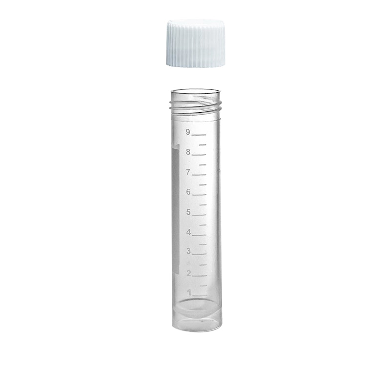 10mL Sterile Clear Polypropylene Transport Tube with Loose White Screw Cap - 100 per Bag; 10 Bags per Case