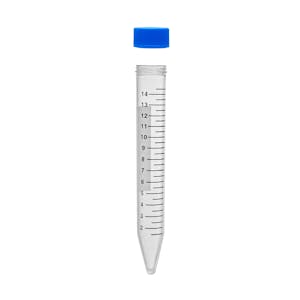 15mL Non-Sterile Clear Polypropylene Centrifuge Tube with Loose Blue Screw Cap & Printed Graduations - Bulk Packaged; Case of 500