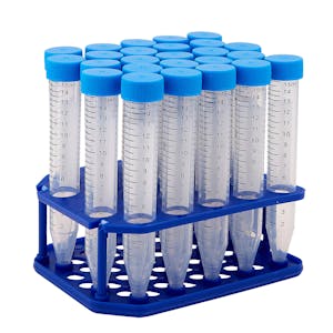 15mL Sterile Clear Polypropylene Centrifuge Tube with Attached Blue Screw Cap & Printed Graduations - 25 per Rack; 20 Eco-Racks per Case