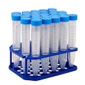 15mL Sterile Clear Polypropylene Centrifuge Tube with Attached Blue Screw Cap & Printed Graduations - 25 per Rack; 20 Eco-Racks per Case