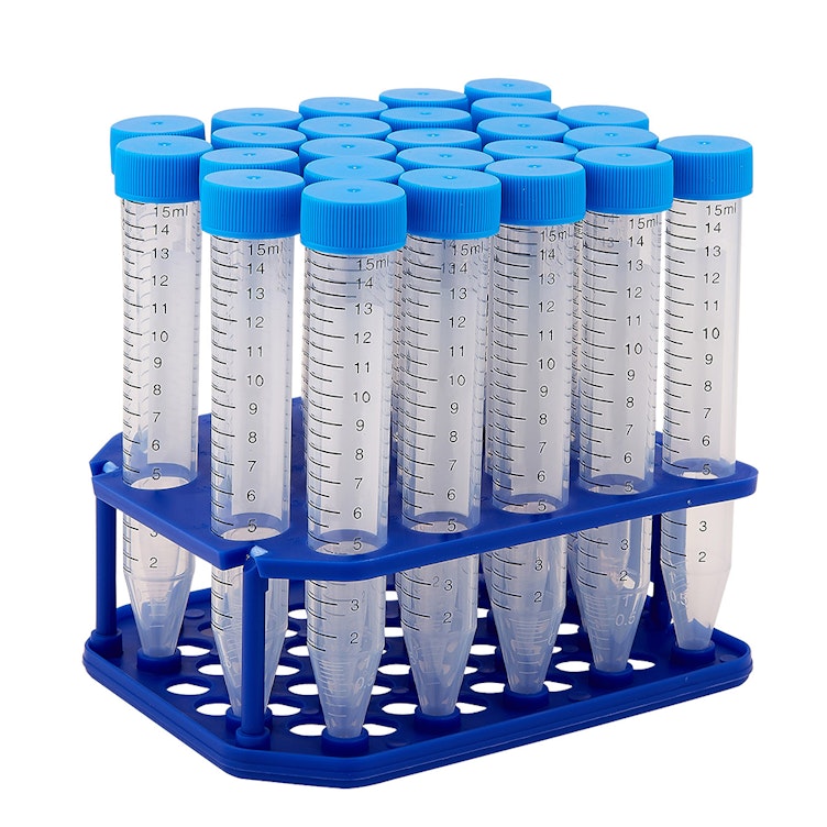 15mL Sterile Clear Polypropylene Centrifuge Tube with Attached Blue Screw Cap & Printed Graduations - 25 per Rack; 20 Eco-Racks per Case
