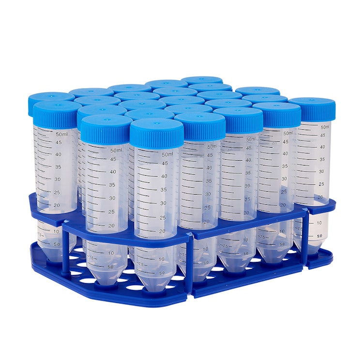 50mL Sterile Clear Polypropylene Centrifuge Tube with Attached Blue Screw Cap & Printed Graduations - 25 per Rack; 20 Eco-Racks per Case