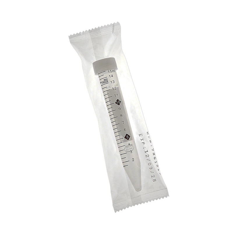 15mL Sterile Clear Polypropylene TotalPure™ Metal-Free Centrifuge Tube with Attached White Screw Cap - Individually Wrapped; Case of 250