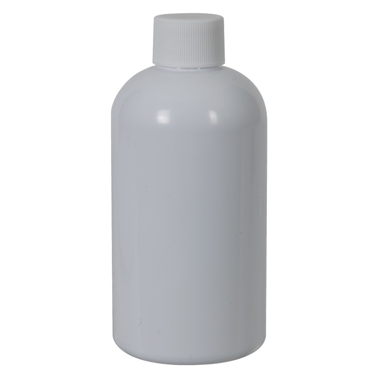 8 oz. White PET Squat Boston Round Bottle with 24/410 White Ribbed Cap with F217 Liner