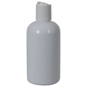 8 oz. White PET Squat Boston Round Bottle with 24/410 White Polypropylene Disc-Top Dispensing Cap