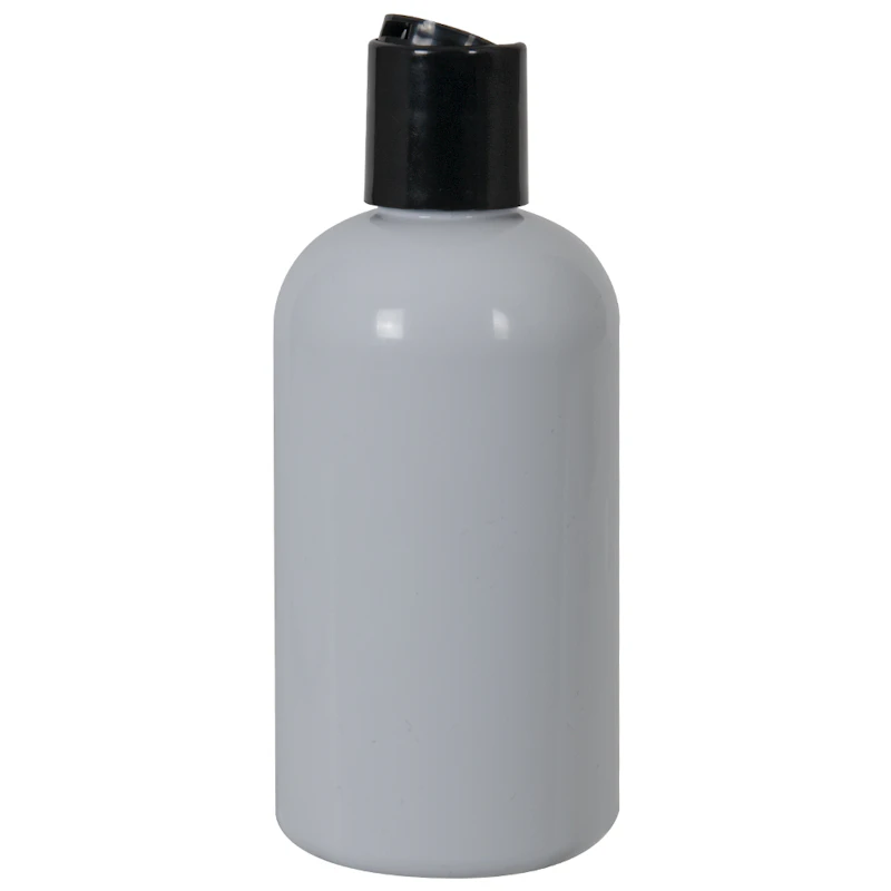8 oz. White PET Squat Boston Round Bottle with 24/410 Black Polypropylene Disc-Top Dispensing Cap