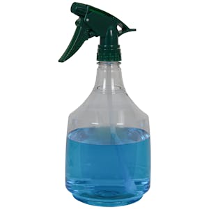36 oz. Clear PET Mega Round Spray Bottle with 28/400 Green Polypropylene Model 300™ Sprayer
