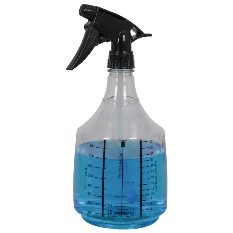 36 oz. Clear PET Mega Round Spray Bottle with Printed Scale & 28/400 Black Polypropylene Model 300™ Sprayer
