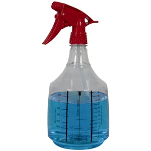 36 oz. Clear PET Mega Round Spray Bottle with Printed Scale & 28/400 Red Polypropylene Model 300™ Sprayer