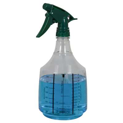36 oz. Clear PET Mega Round Spray Bottle with Printed Scale & 28/400 Green Polypropylene Model 300™ Sprayer