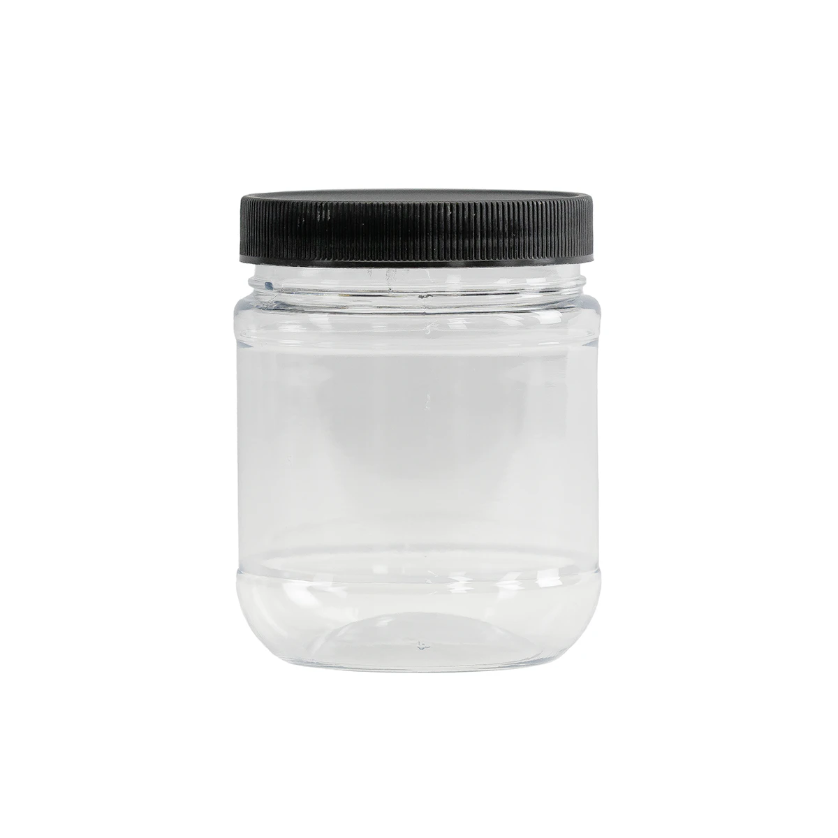 8 oz. Clear PET Round Jar with Label Panel & 63/400 Black Ribbed Cap ...