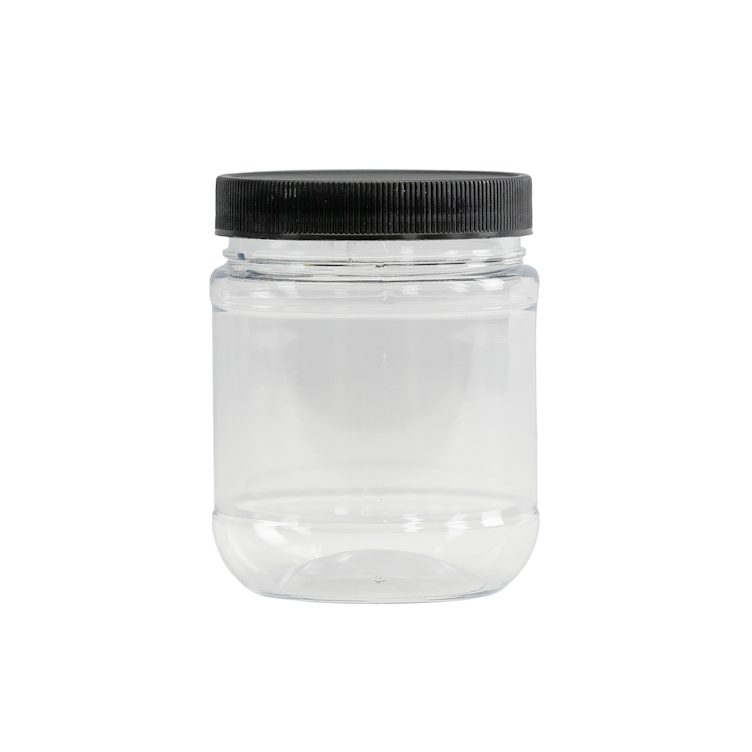 8 oz. Clear PET Round Jar with Label Panel & 63/400 Black Ribbed Cap with F217 Liner