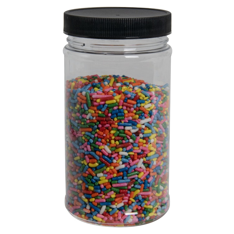 12 oz. Clear PET Round Jar with Label Panel & 63/400 Black Ribbed Cap with F217 Liner