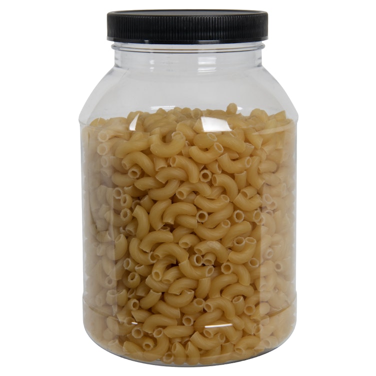 32 oz. Clear PET Round Jar with Label Panel & 70/400 Black Ribbed Cap with F217 Liner