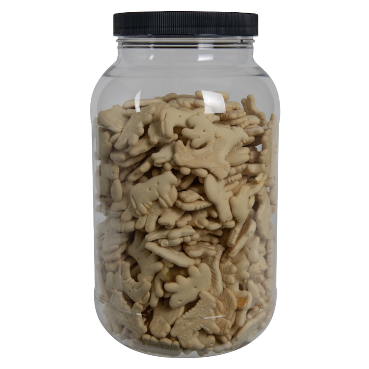 128 oz. (1 Gallon) Clear PET Round Jar with Label Panel & 110/400 Black Ribbed Cap with F217 Liner