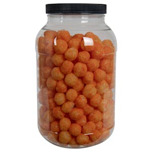 135 oz. Clear PET Round Jar with Label Panel & 110/400 Black Ribbed Cap with F217 Liner