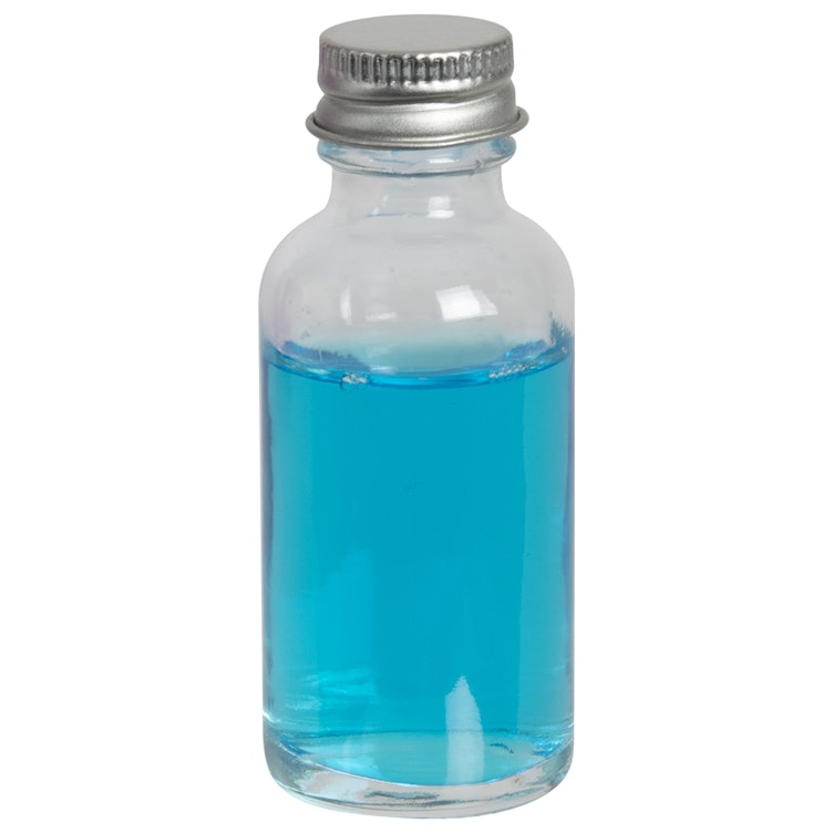 1 oz. Clear Glass Boston Round Bottle with 20/400 Brushed Silver Aluminum Cap with Foam Liner