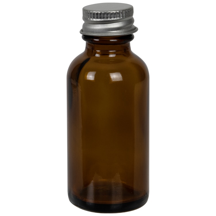 1 oz. Amber Glass Boston Round Bottle with 20/400 Brushed Silver Aluminum Cap with Foam Liner