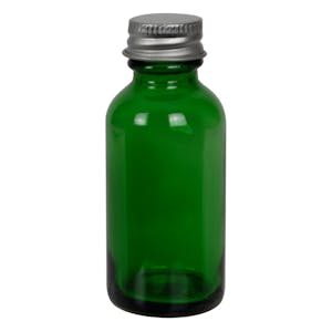 1 oz. Green Glass Boston Round Bottle with 20/400 Brushed Silver Aluminum Cap with Foam Liner