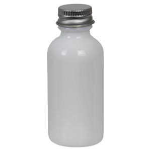 1 oz. White Glass Boston Round Bottle with 20/400 Brushed Silver Aluminum Cap with Foam Liner