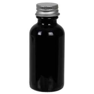 1 oz. Black Glass Boston Round Bottle with 20/400 Brushed Silver Aluminum Cap with Foam Liner