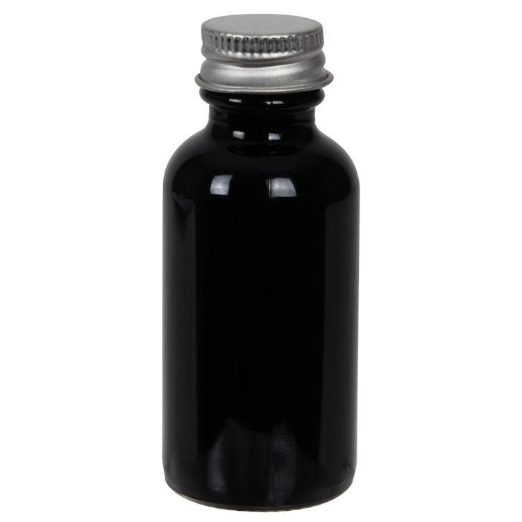 1 oz. Black Glass Boston Round Bottle with 20/400 Brushed Silver Aluminum Cap with Foam Liner