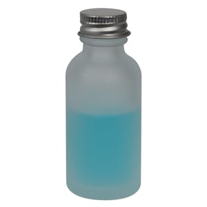 1 oz. Clear Frosted Glass Boston Round Bottle with 20/400 Brushed Silver Aluminum Cap with Foam Liner