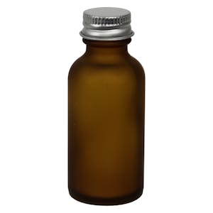 1 oz. Amber Frosted Glass Boston Round Bottle with 20/400 Brushed Silver Aluminum Cap with Foam Liner