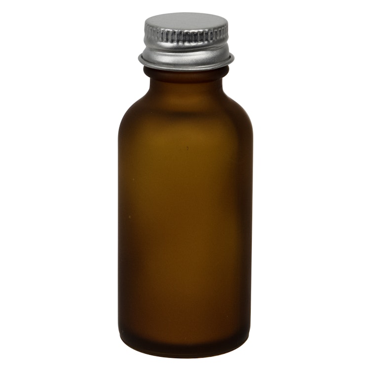 1 oz. Amber Frosted Glass Boston Round Bottle with 20/400 Brushed Silver Aluminum Cap with Foam Liner