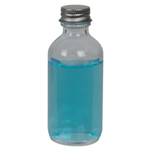 2 oz. Clear Glass Boston Round Bottle with 20/400 Brushed Silver Aluminum Cap with Foam Liner