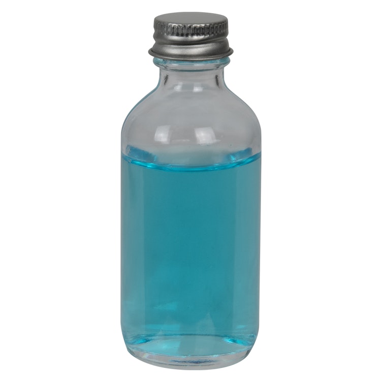 2 oz. Clear Glass Boston Round Bottle with 20/400 Brushed Silver Aluminum Cap with Foam Liner