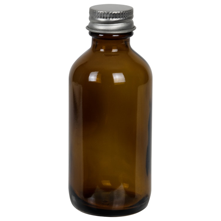 2 oz. Amber Glass Boston Round Bottle with 20/400 Brushed Silver Aluminum Cap with Foam Liner