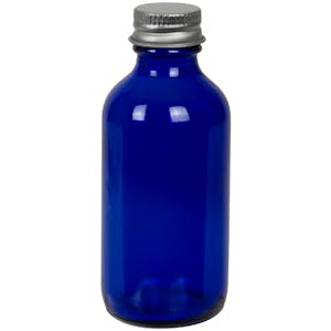 2 oz. Cobalt Blue Glass Boston Round Bottle with 20/400 Brushed Silver Aluminum Cap with Foam Liner
