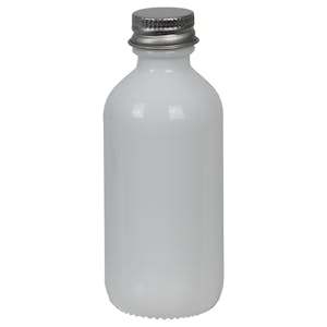 2 oz. White Glass Boston Round Bottle with 20/400 Brushed Silver Aluminum Cap with Foam Liner