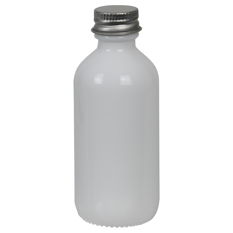 2 oz. White Glass Boston Round Bottle with 20/400 Brushed Silver Aluminum Cap with Foam Liner