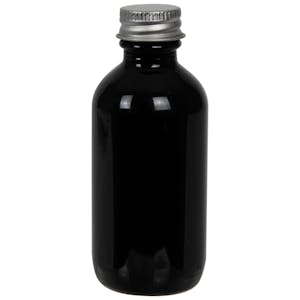 2 oz. Black Glass Boston Round Bottle with 20/400 Brushed Silver Aluminum Cap with Foam Liner