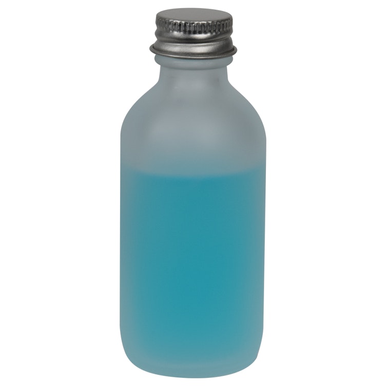 2 oz. Clear Frosted Glass Boston Round Bottle with 20/400 Brushed Silver Aluminum Cap with Foam Liner
