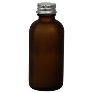 2 oz. Amber Frosted Glass Boston Round Bottle with 20/400 Brushed Silver Aluminum Cap with Foam Liner