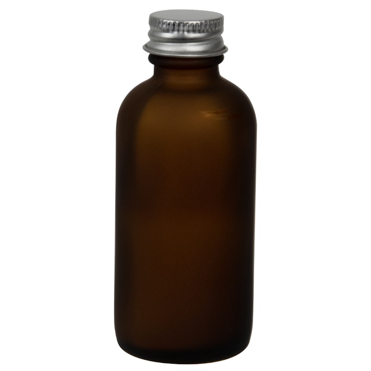 2 oz. Amber Frosted Glass Boston Round Bottle with 20/400 Brushed Silver Aluminum Cap with Foam Liner