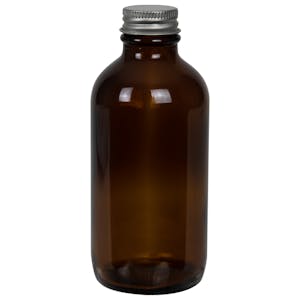 4 oz. Amber Glass Boston Round Bottle with 22/400 Brushed Silver Aluminum Cap with Foam Liner