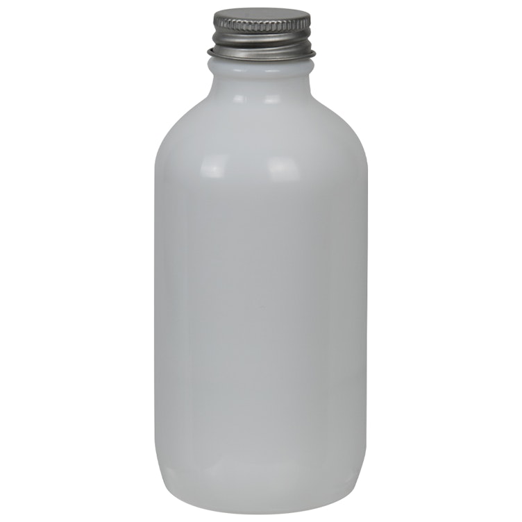 4 oz. White Glass Boston Round Bottle with 22/400 Brushed Silver Aluminum Cap with Foam Liner