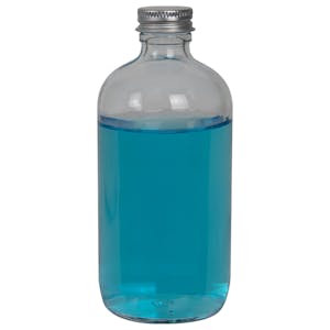 8 oz. Clear Glass Boston Round Bottle with 24/400 Brushed Silver Aluminum Cap with Foam Liner