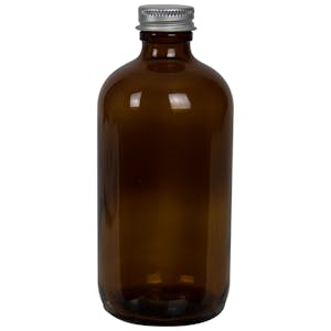 8 oz. Amber Glass Boston Round Bottle with 24/400 Brushed Silver Aluminum Cap with Foam Liner